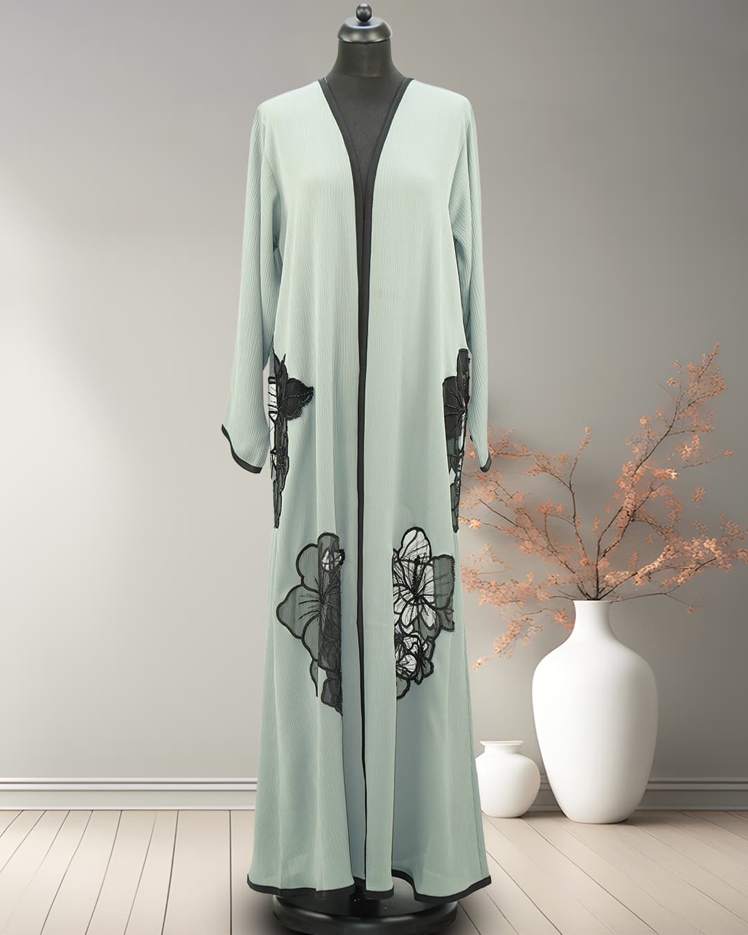 Floral Dental open abaya with black inner 